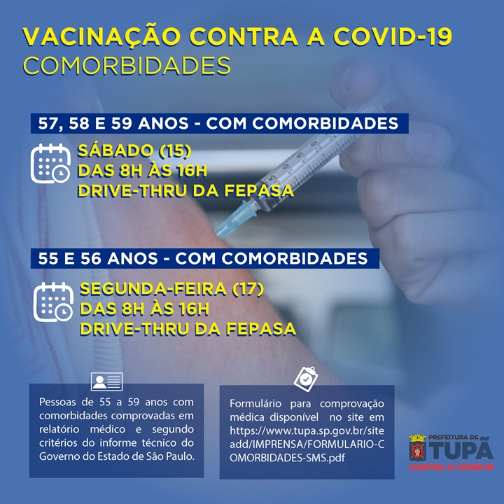 Pessoas com comorbidades serão vacinadas sábado e na próxima segunda-feira