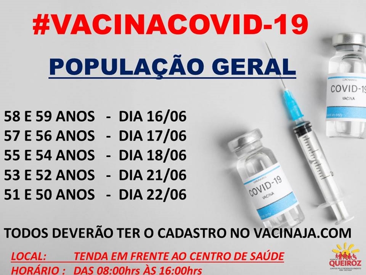 Queiroz inicia a vacinação contra Covid-19 de pessoas com 58 e 59 anos nesta quarta-feira (16)