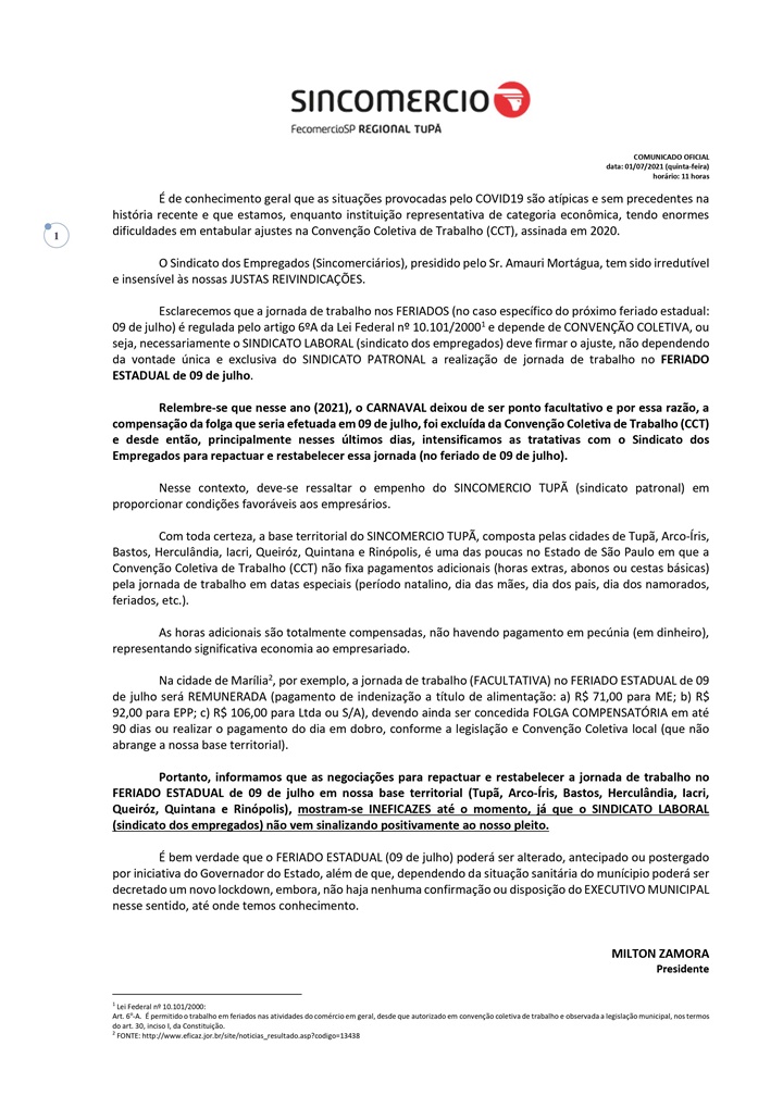 Comércio de Tupã não funcionará no feriado de 9 de julho