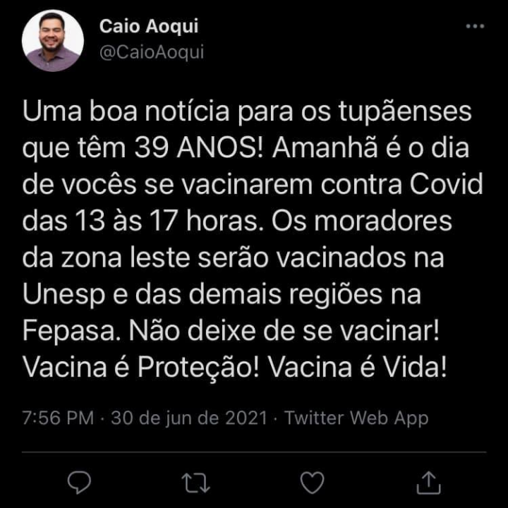 Tupã irá vacinar pessoas com 39 anos nesta quinta-feira (1º)