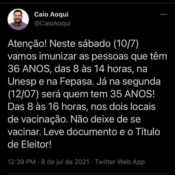 Prefeito anuncia vacinação contra Covid-19 para pessoas com 36 e 35 anos