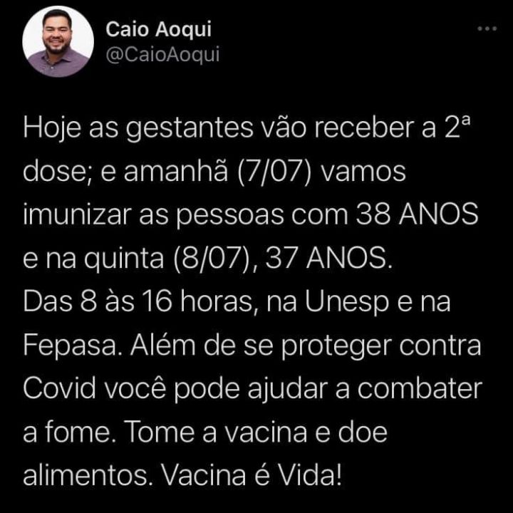 Prefeito anuncia vacinação contra Covid-19 para pessoas com 37 e 38 anos nesta semana, em Tupã