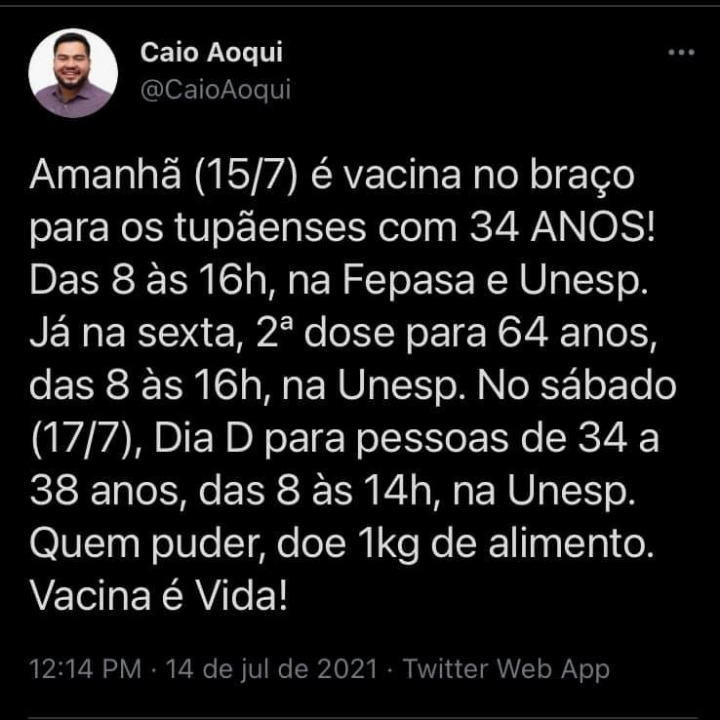 Pessoas com 34 anos serão vacinadas contra Covid-19 nesta quinta