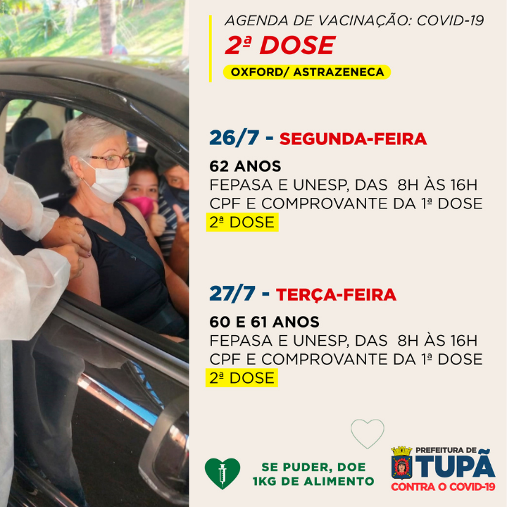 Idosos de 60 a 62 anos receberão 2ª dose na próxima semana