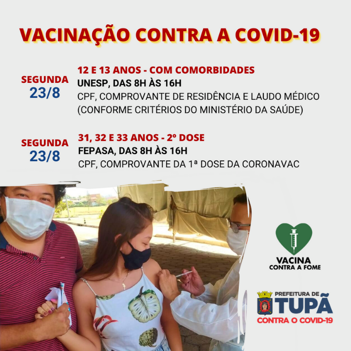 Tupã vacinará jovens de 12 e 13 anos portadores de comorbidades