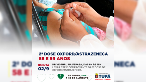 2ª dose para vacinados aos 58 e 59 anos será nesta quinta-feira (2)