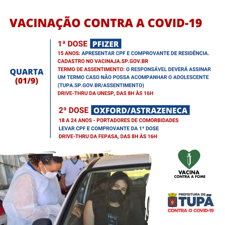 Tupã vacinará adolescentes de 15 anos contra a covid-19