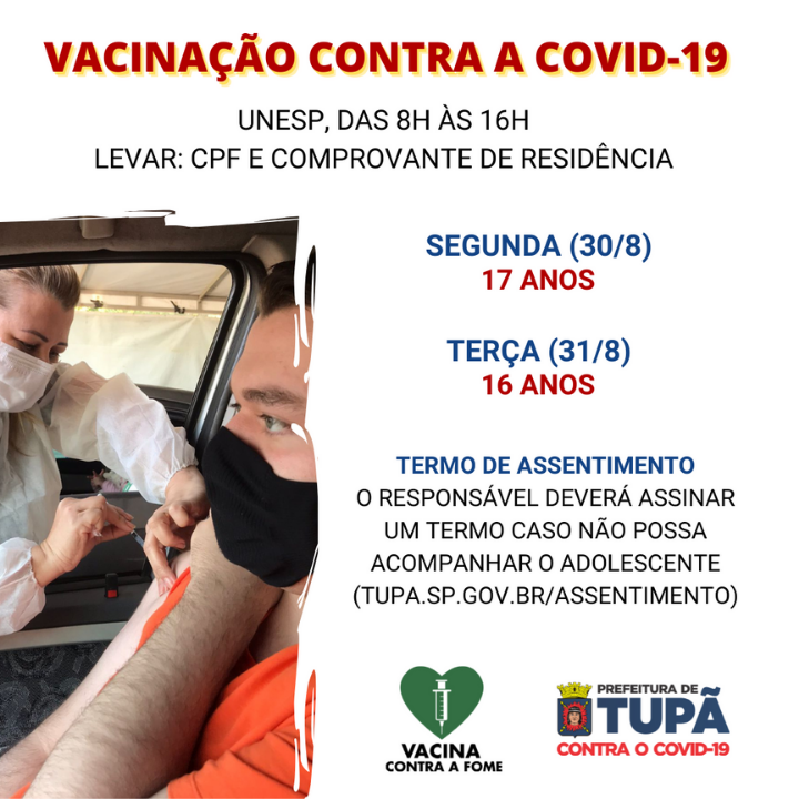 Tupã vacinará jovens de 17 e 16 anos contra a Covid-19