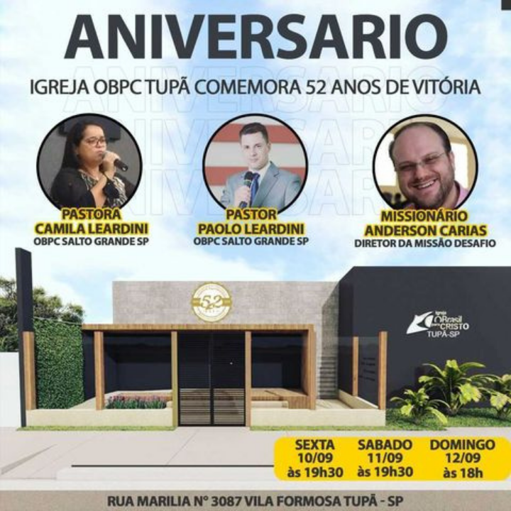 Igreja OBPC Tupã celebra 52 anos neste fim de semana