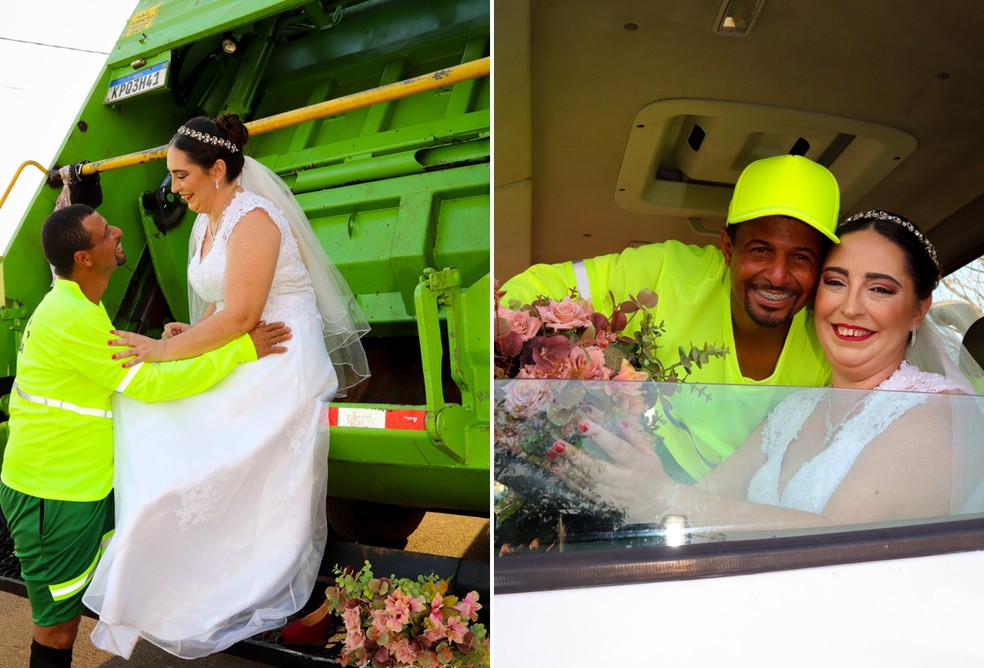 Casal faz ensaio fotográfico de casamento em homenagem ao noivo coletor de lixo em Birigui (SP) — Foto: Arquivo Pessoal