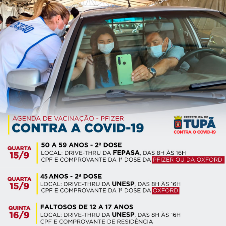 2ª dose da Pfizer para 50 a 59 anos será quarta (15); 1ª dose para faltosos de 12 a 17 anos será quinta (16)