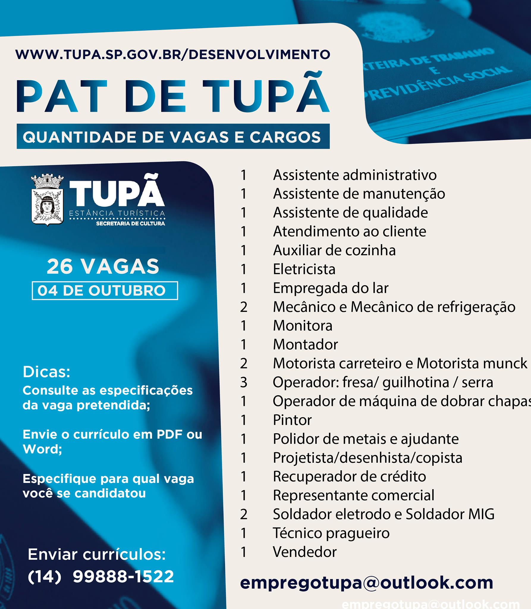 PAT está com 26 vagas de empregos disponíveis para Tupã e região