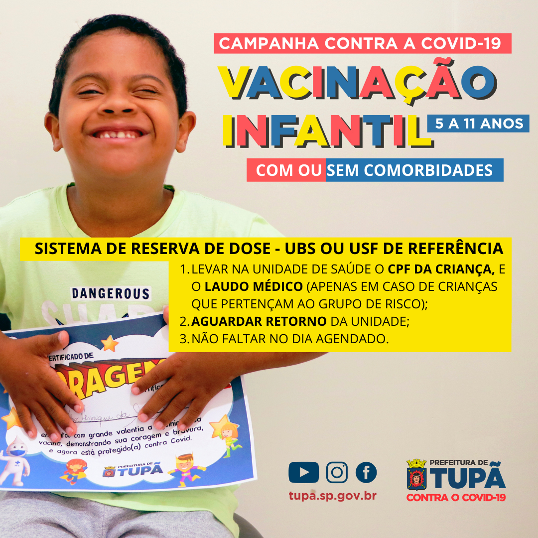 Vacinação de 5 a 11 anos sem condições de risco começa nesta terça (25) em Tupã