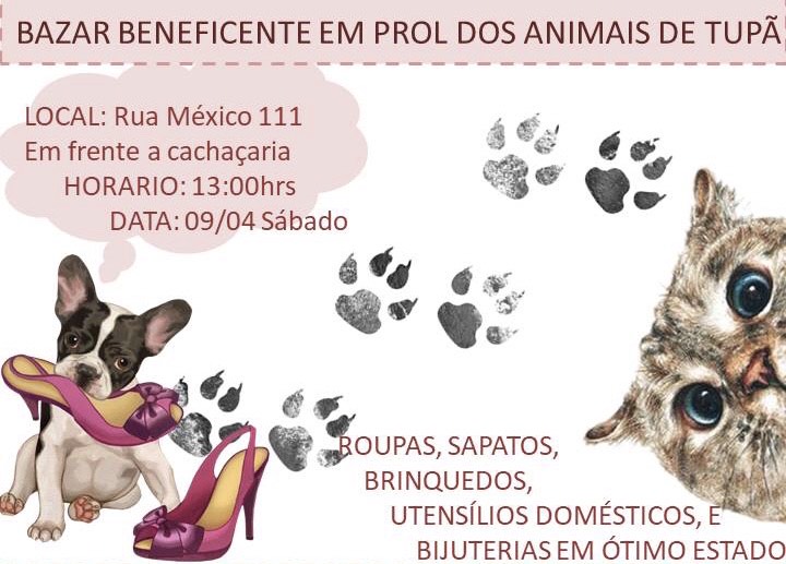 Bazar beneficente em prol aos animais de Tupã será neste sábado (9)