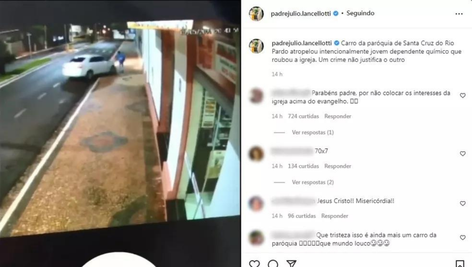 Padre Julio Lancellotti postou o vídeo do acidente e criticou o atropelamento provocado por um padre em Santa Cruz do Rio Pardo — Foto: Padre Lulio Lancellotti/Instagram/Reprodução