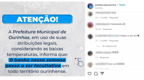 Prefeitura de Ourinhos viraliza com publicação sobre  banho facultativo  por conta do frio