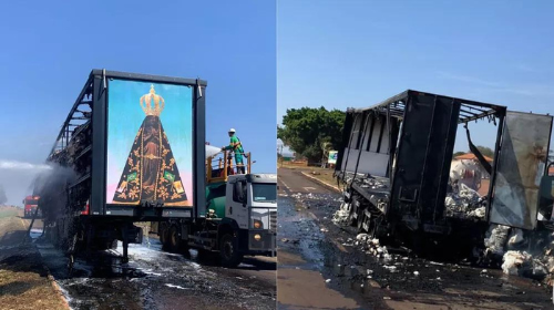 Painel de Nossa Senhora Aparecida fica intacto após fogo destruir carreta de algodão - Foto: Reprodução/CorpoDeBombeiros