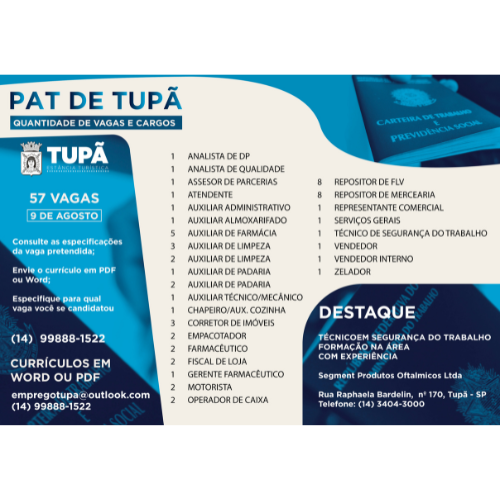 PAT anuncia 57 novas oportunidades de trabalho para moradores de Tupã e região