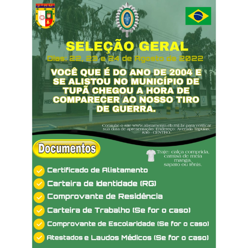 Seleção geral de jovens alistados no exército será em 22, 23 e 24 de agosto - Foto: Divulgação