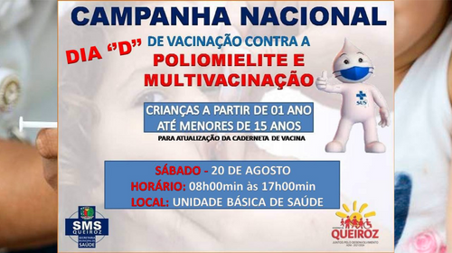 Dia D contra Pólio e Multivacinação será neste sábado (20/8), em Queiroz
