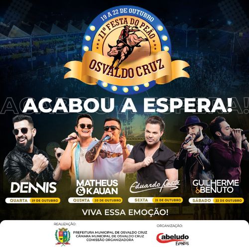 Rodeio de Osvaldo Cruz terá shows de Dennis DJ, Matheus & Kauan, Eduardo Costa e Guilherme & Benutto