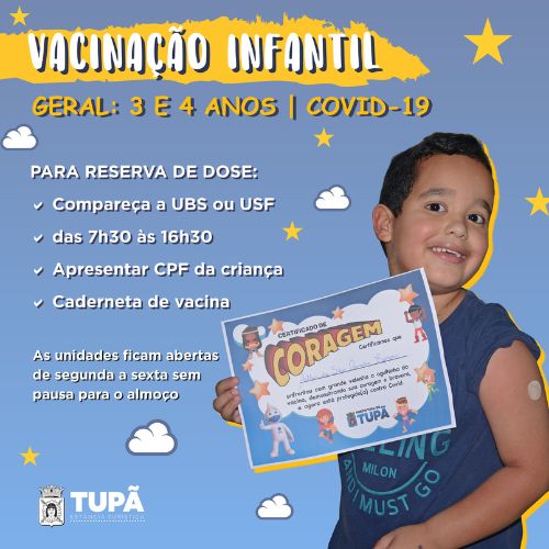 Vacinação contra a covid-19 para crianças de 3 a 4 anos está liberada em Tupã
