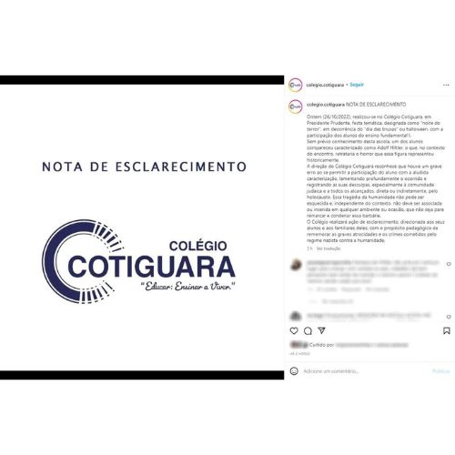 Colégio Cotiguara postou nas redes sociais uma  nota de esclarecimento  sobre o caso — Foto: Redes sociais