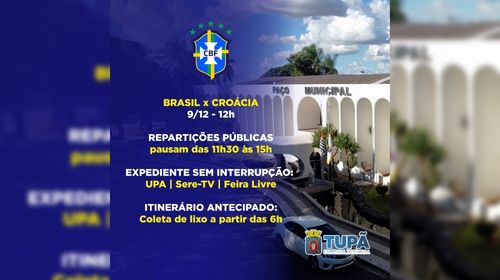 Prefeitura informa expediente no dia do jogo do Brasil nas quartas de final da Copa