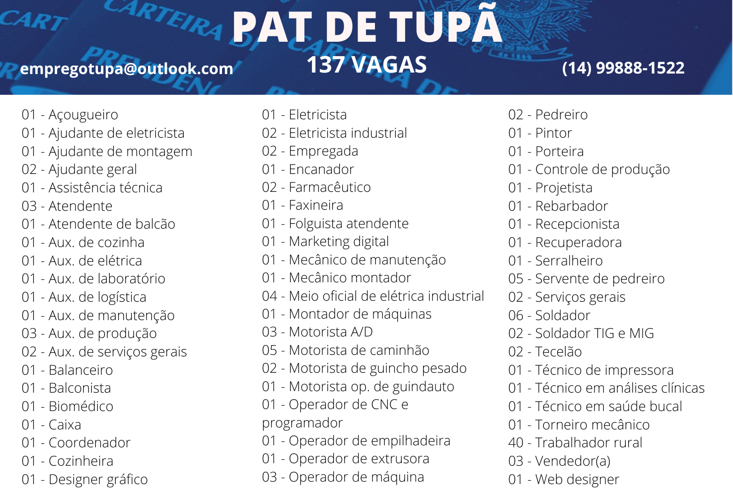 PAT anuncia 40 vagas de emprego para área rural