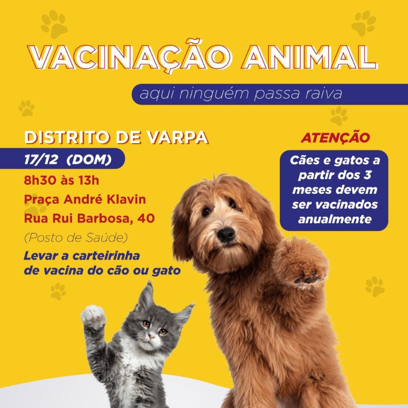 Cães e gatos serão imunizados domingo, 17, em praça de Varpa