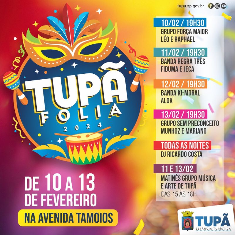 Tupã Folia 2024 tem grade de shows com grandes nomes da música brasileira
