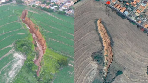 Imagens de satélite mostram avanço de cratera misteriosa sobre cidade de menos de 4 mil habitantes no interior de SP