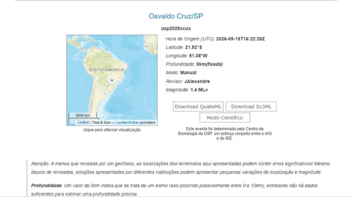 USP registra tremor na região de Osvaldo Cruz; moradores relatam abalo nas redes sociais